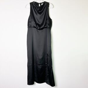PRETTY LAVISH Dress Women 16 Curve Black Satin Empire High Neck Split Midi NWT